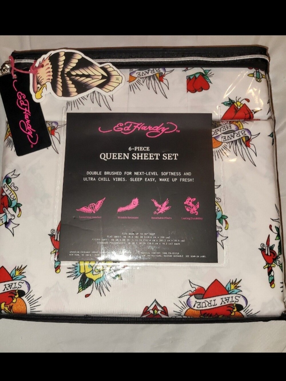 Ed Hardy White Sheet Set with Tattoo-Style Multicolor Prints